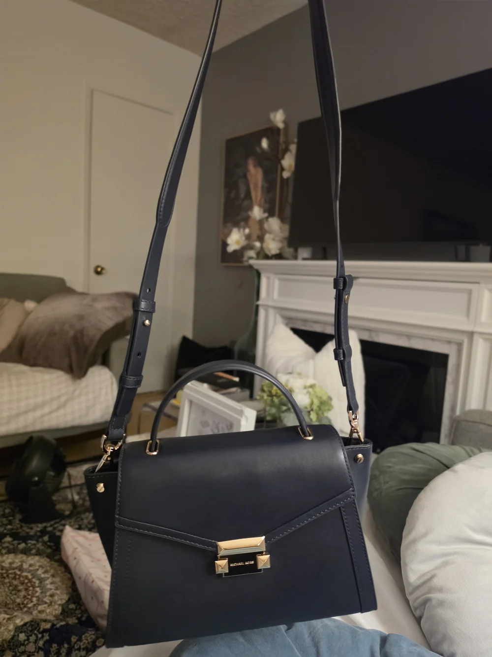 MK Org Price $298-Classic Black Real Leather Shoulder Bag with Gold Hardware